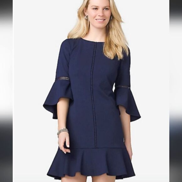 Dress Barn Roz & Ali Crepe Ruffled Bell Sleeve Dress sz 4 Navy Career/Work - Picture 1 of 11